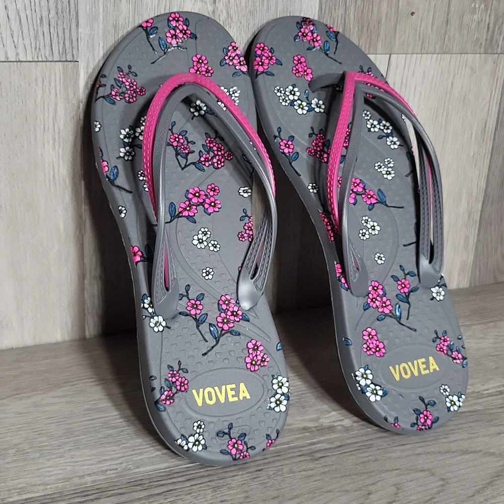 Vovea Womens 39 Floral Flip Flop Sandals Double Strap Grey Pink Cushioned‎